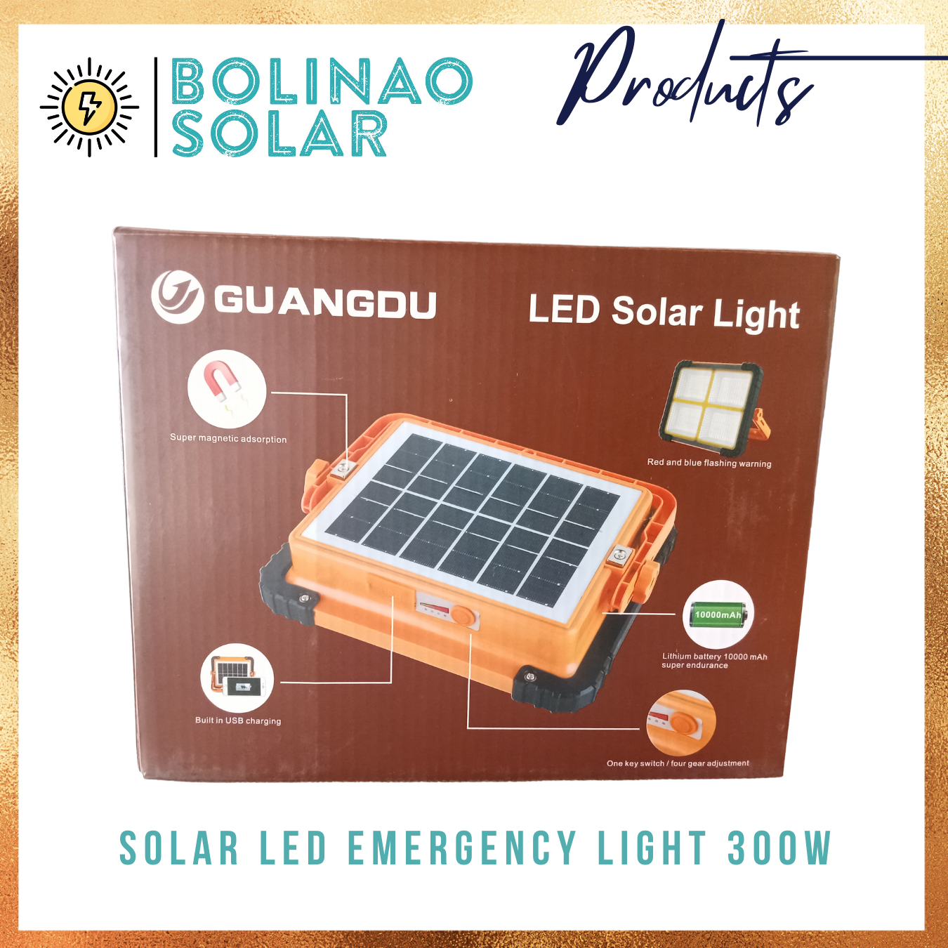 Solar LED Emergency Light 300W 4 Module w/  USB C-Type cable